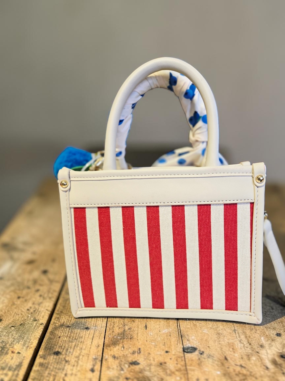 NEW Betsey Johnson Red Stripes Satchel Bag With Blueberries Bag Charm And Scarf - Picture 3 of 5
